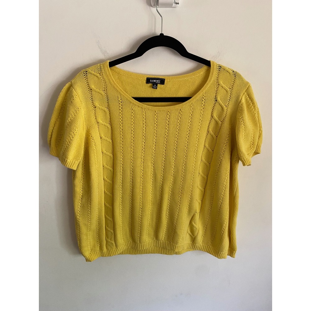 Elementz Woman Yellow Cotton Cable Knit Short Sleeve Sweater Top‎ 1X